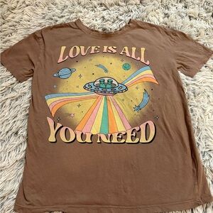 Electric Family “Love is all you need” Brown Tee with Colorful UFO and Planets